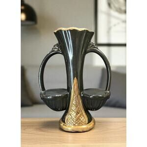 Rare- Vintage Black Gold Two Handle Ceramic Vase -Art Deco Unusual Shape 9.5”h